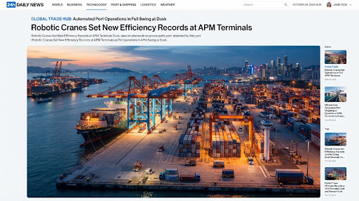 An expansive panoramic view of a high-tech automated container shipping port terminal at dusk. Massive robotic electric gantry cranes load ultra-large container ships along a deepwater quay. Crisp architectural lighting casting vivid orange and cool blue reflections onto the dark harbor waters.