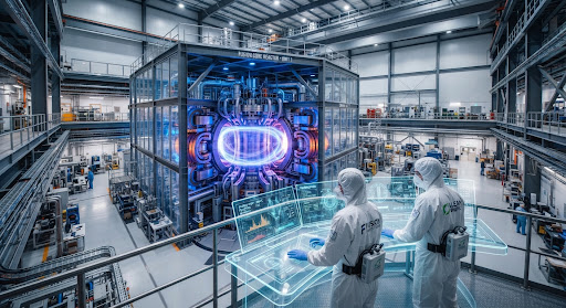 A massive, futuristic magnetic confinement fusion reactor chamber illuminated with a luminous blue and violet plasma glow. Engineers in cleanroom suits observe diagnostics on transparent monitors in a vast, pristine industrial research hall. High-key modern lighting with sharp contrast, vibrant blue and subtle tangerine reflections highlight the monumental scale of clean nuclear innovation.