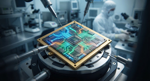 Macro close-up of a revolutionary optical photonic computing chip processor illuminated with intricate laser light conduits. Pristine silicon wafer detailing with luminous neon blue, emerald, and vibrant amber photonic circuits demonstrating light-speed data processing in an immaculate cleanroom laboratory.