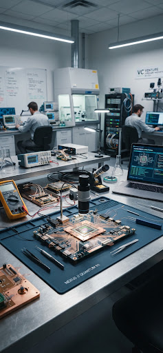 A clean industrial tech laboratory workspace with advanced copper and silicon microchip prototypes resting on anti-static mats under bright modern lighting. The composition features sharp geometric lines, crisp depth of field, and a high-tech corporate editorial color palette reflecting sustainable venture capital hardware investments.