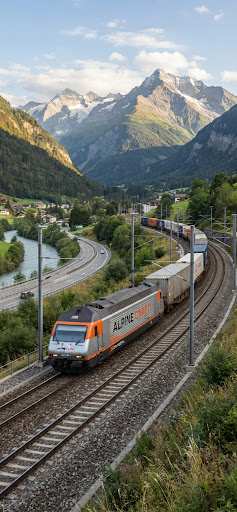 A modern aerodynamic high-speed electric cargo locomotive slicing through a mountain valley pass on a newly installed electrified multi-track railroad system. The morning sun illuminates the sleek silver and orange livery of the train with dramatic mountain peaks in the background, photographed in clean editorial photojournalistic style.