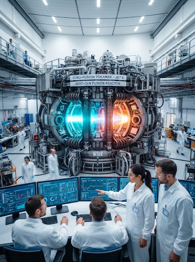 An expansive tokamak fusion energy laboratory interior illuminated by high-key architectural laboratory lighting. At the center is a futuristic circular magnetic confinement chamber with a vivid cyan and incandescent amber plasma glow radiating through high-tech optical ports. Dedicated aerospace and nuclear research engineers wearing clean white lab suits and protective eyewear closely monitor digital diagnostic telemetry screens. The visual style embodies pristine high-velocity modern journalism with electric chromatic accents and documentary clarity.